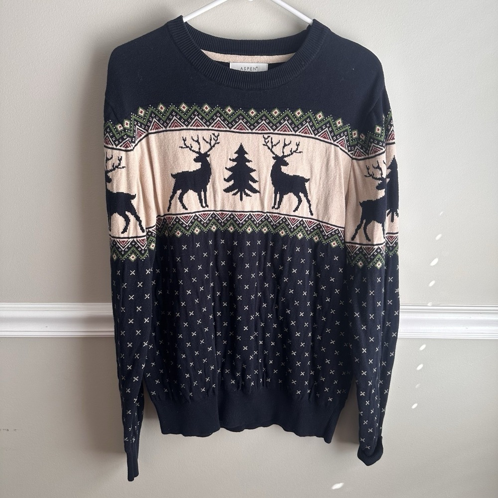 Aspen Mens Navy Reindeer Fair Isle Crewneck Sweater L Cotton Holiday Winter